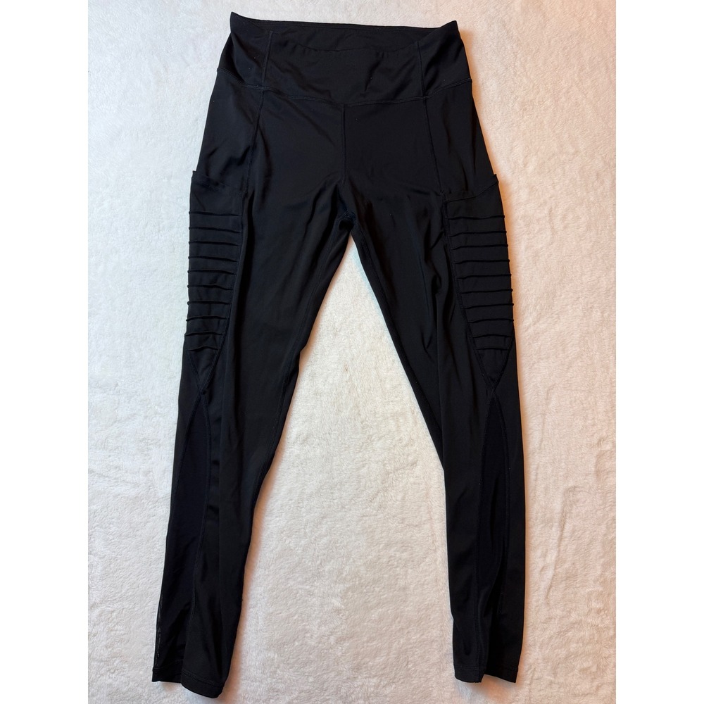 Yeelete Active Black Moto Leggings High Waisted Pockets Zipper Back Size L